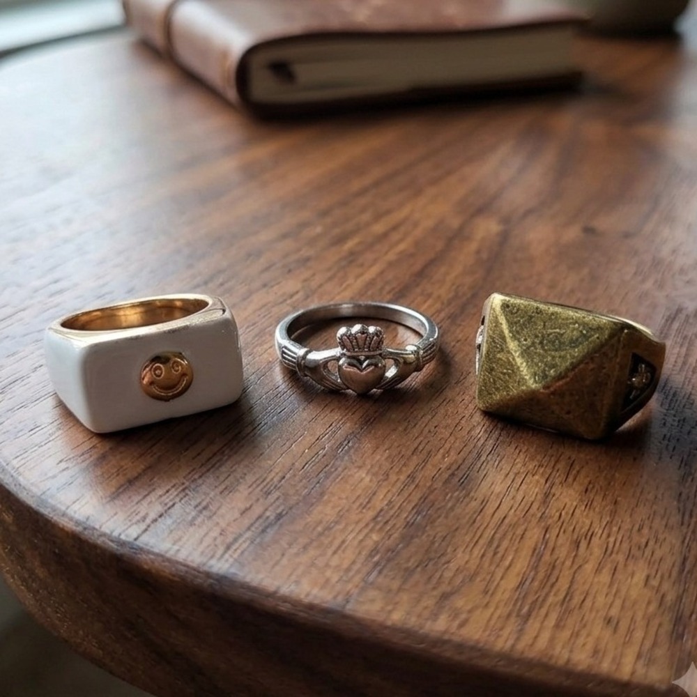 Mixed Fashion Ring Set Claddagh Pyramid Signet Smiley Face Enamel 3pc Bundle